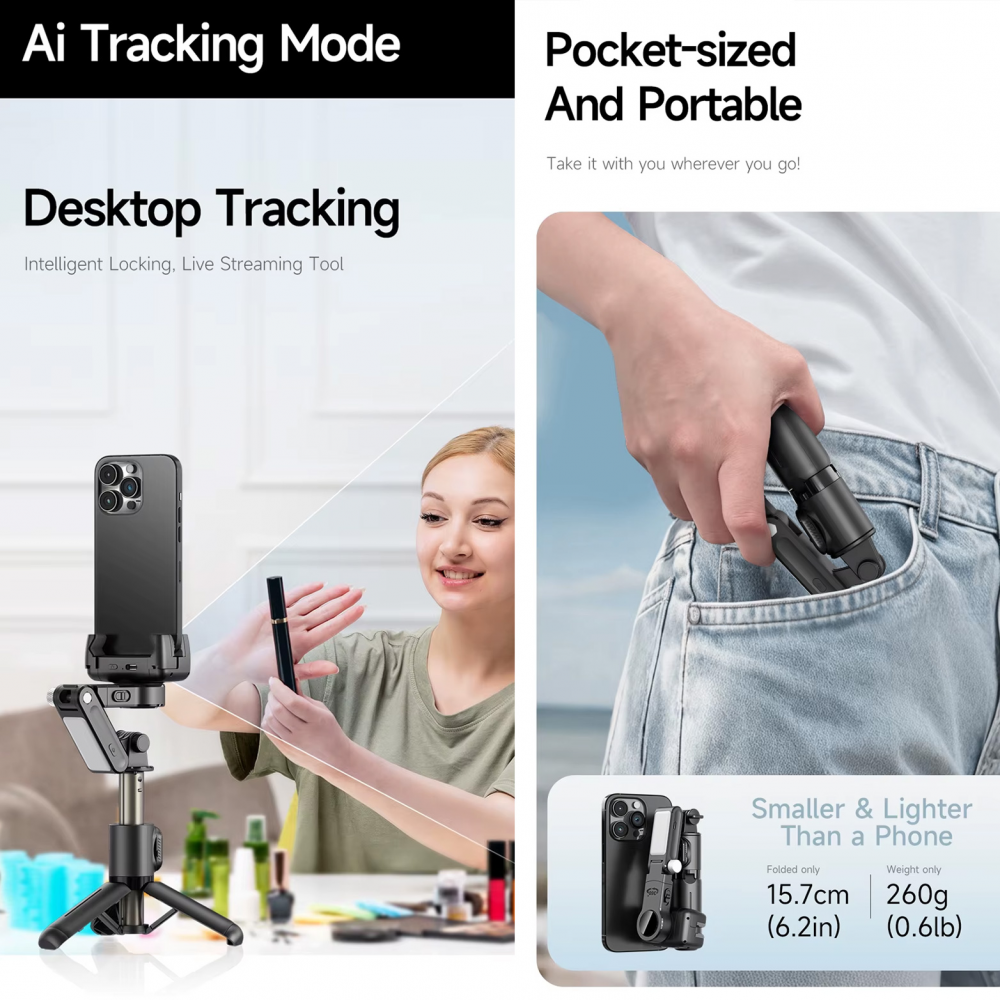 Tripod stabilizator Q19 smart AI sa selfie stickom i LED svetlom crni