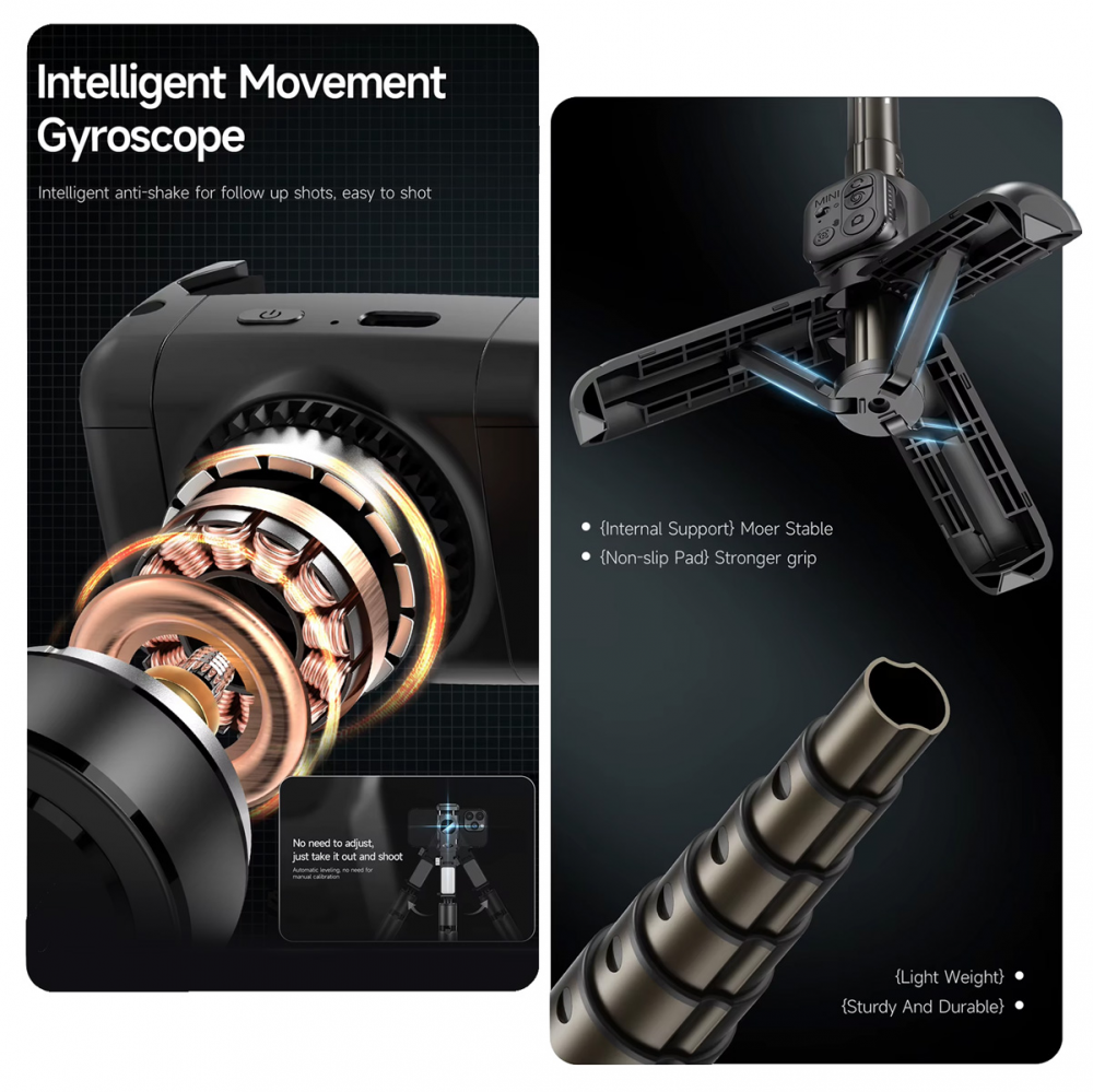 Tripod stabilizator Q19 smart AI sa selfie stickom i LED svetlom crni