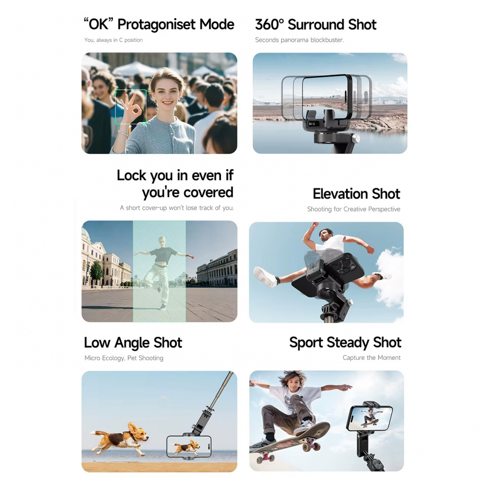 Tripod stabilizator Q19 smart AI sa selfie stickom i LED svetlom crni