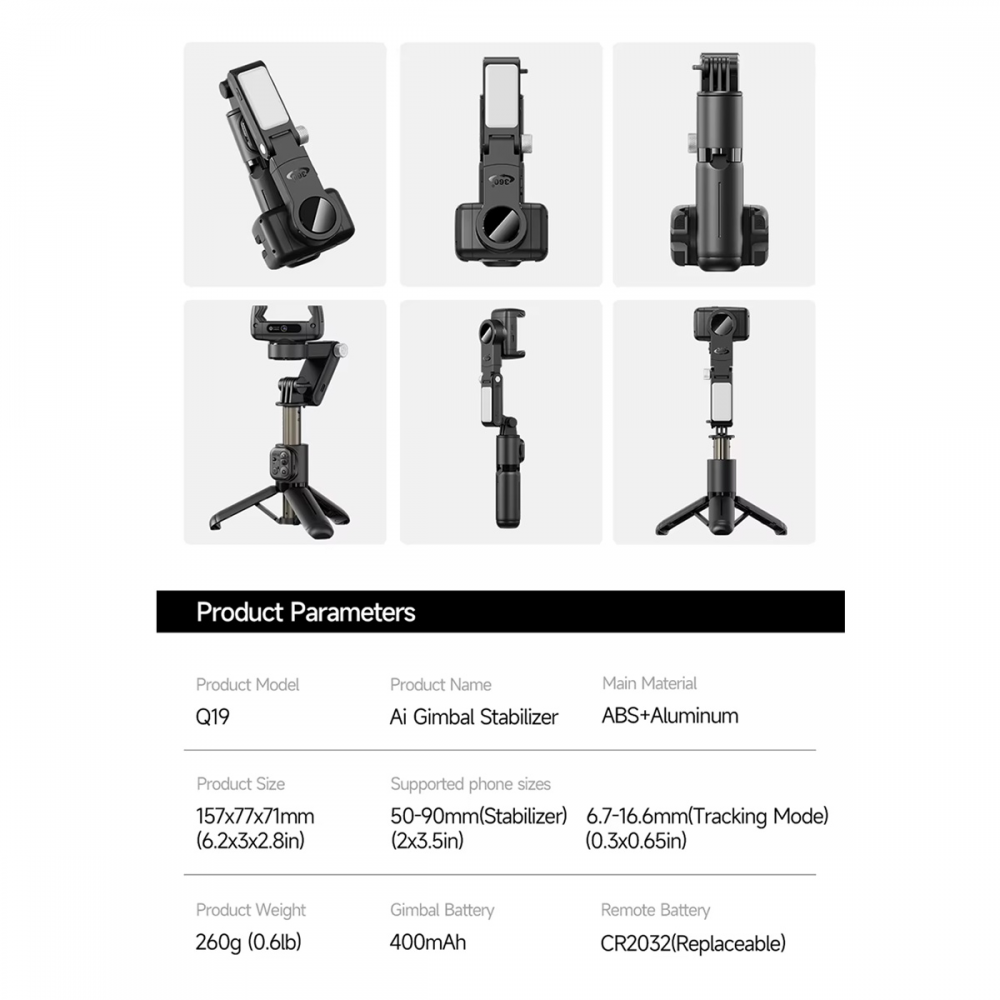 Tripod stabilizator Q19 smart AI sa selfie stickom i LED svetlom crni