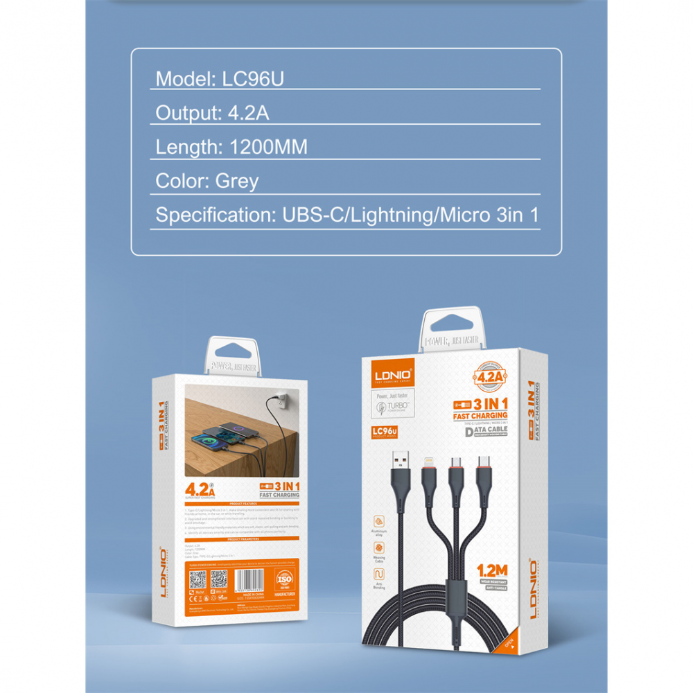 Data kabl LDNIO LC96 u 4.2A 3 u 1 sivi 1.2m