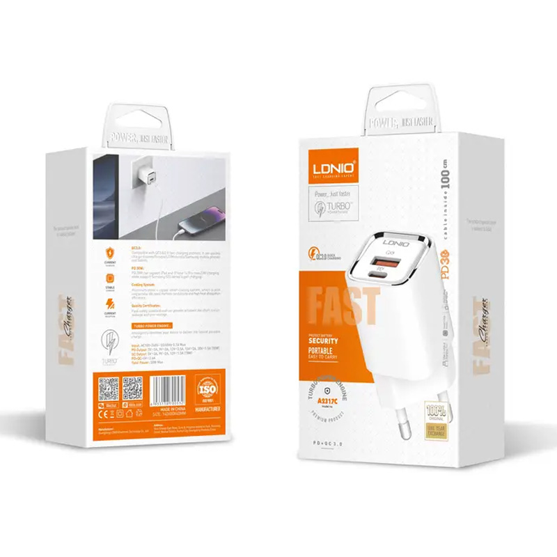 Kucni punjac LDNIO A2317C, 3.6A, QC3.0 18W, PD 30W sa Type C na Iphone lightning kablom beli