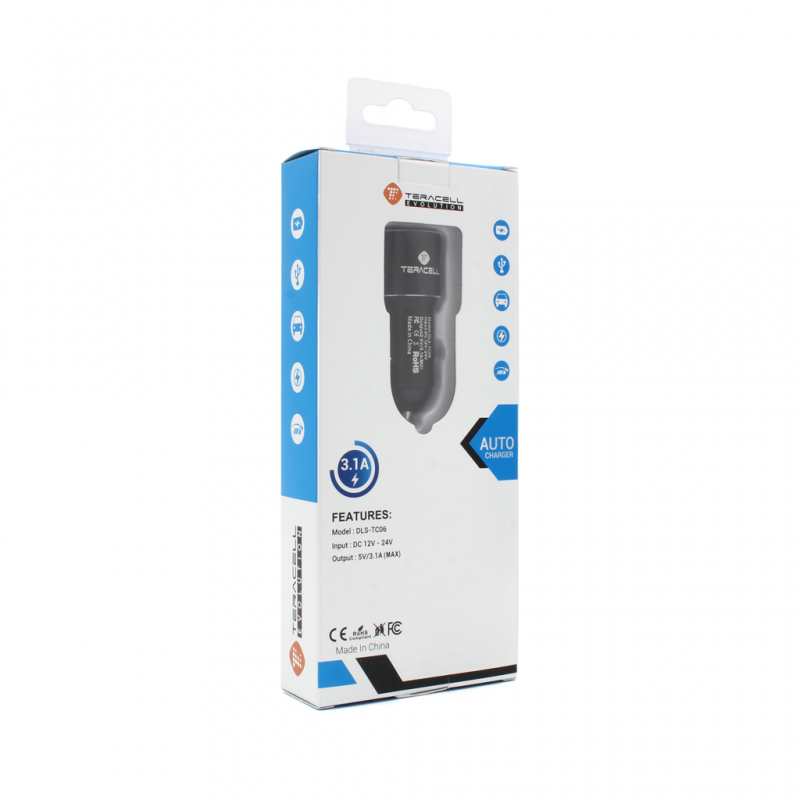 Auto punjac Teracell Evolution TC-06 2xUSB 3.1A sa iPhone lightning kablom crni