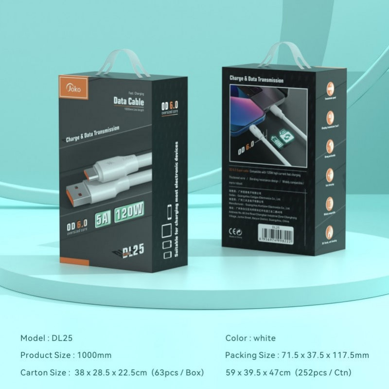 Data kabl KONFULON DL25, 5A, 120W, USB na Type C beli 1m