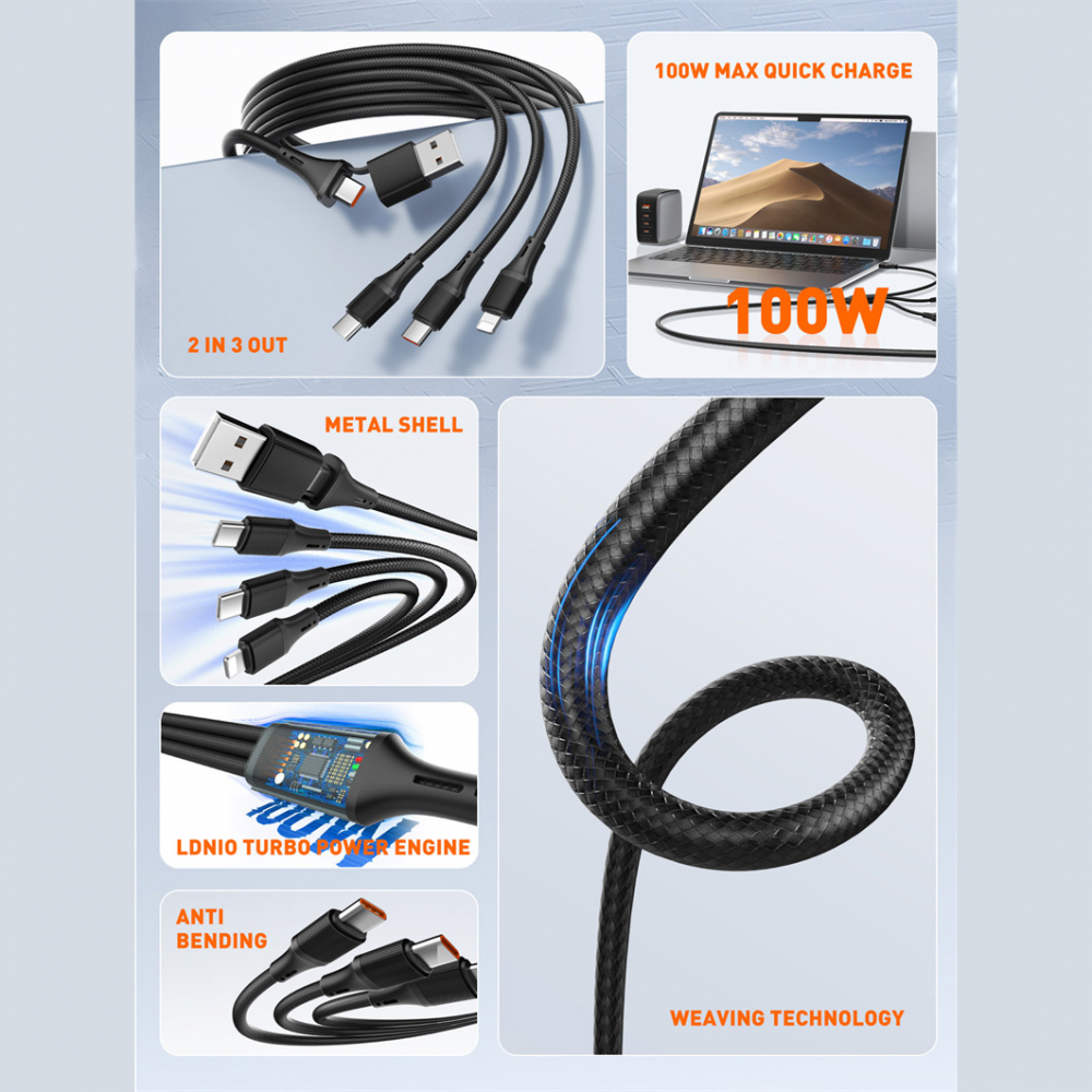 Data kabl LDNIO LC97 uc 100W 4 u 1 crni 1.2m